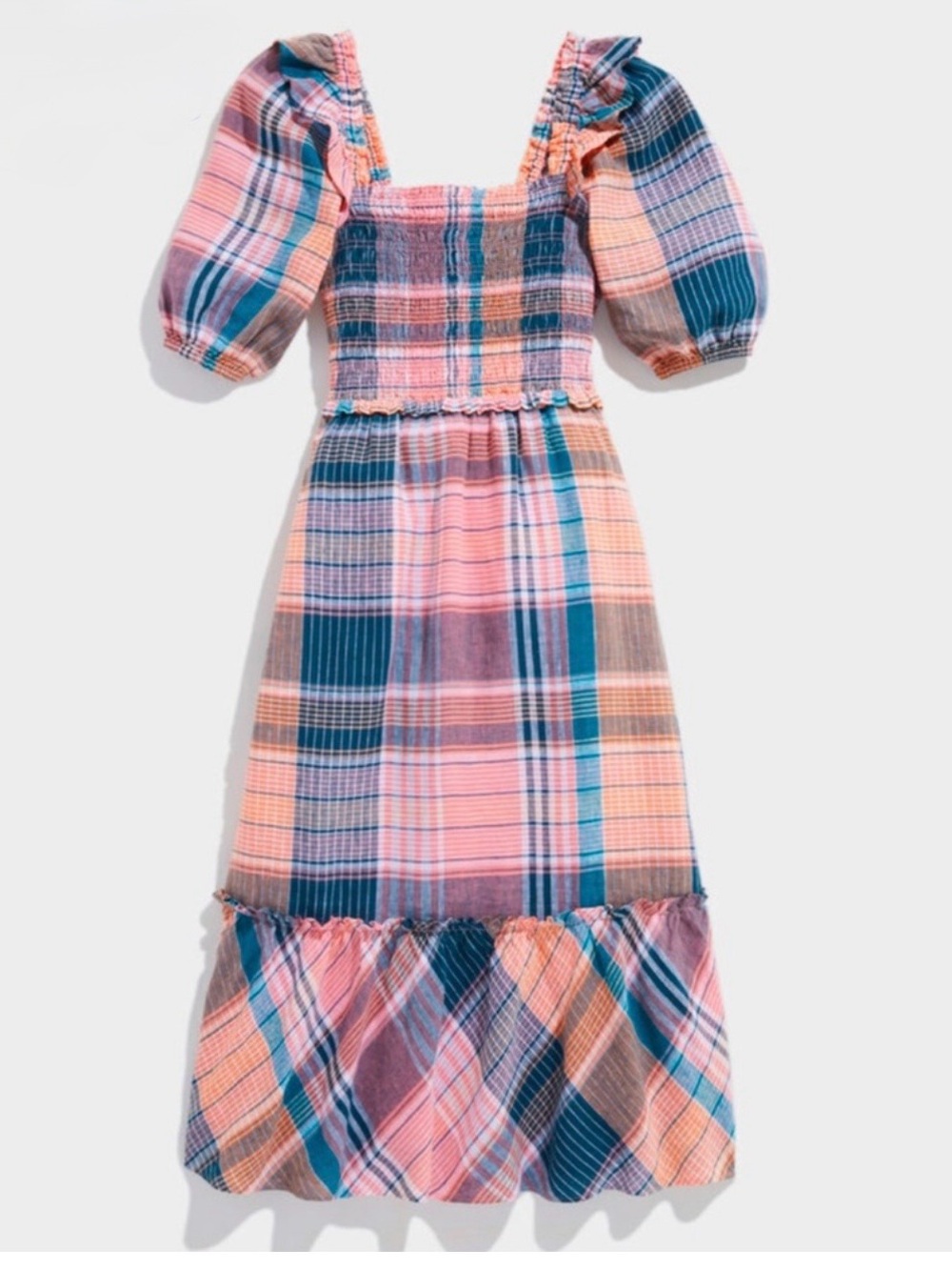 NWOT Vineyard Vines 100% Linen Plaid Smocked Puff Sleeve Midi Dress Size M